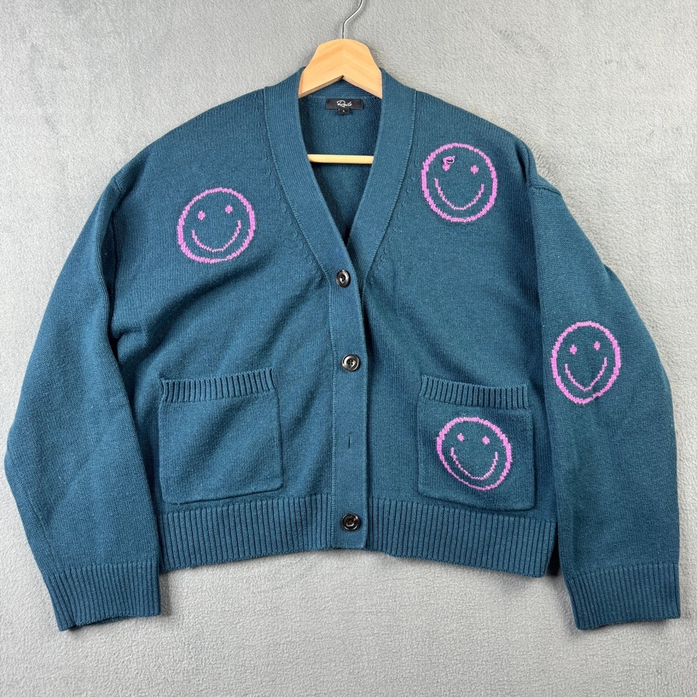 Rails Reese Forest Smilies Cardigan Wool Cotton Green Blue Smiley Face Large